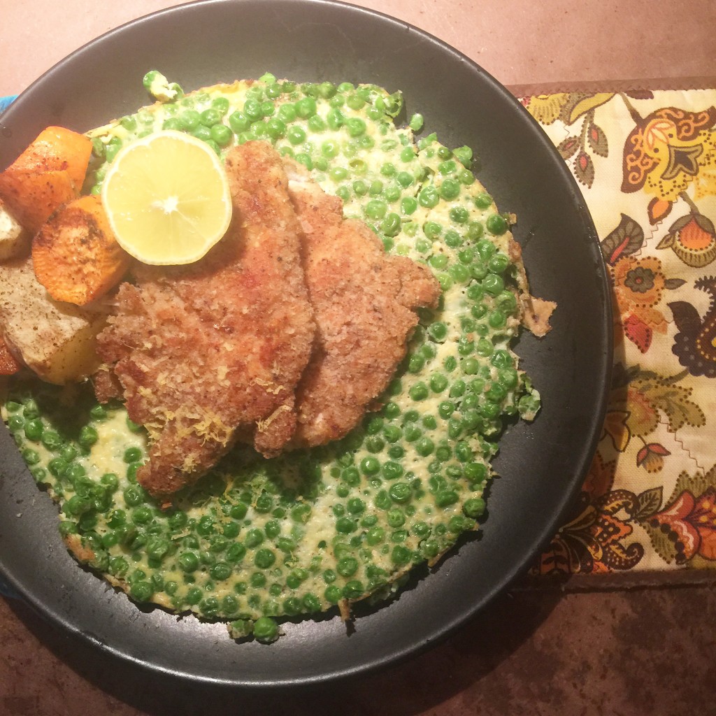 Crispy Chicken with roasted sweet potato yam / frittata with peas and garlic with fresh squeezed lemon juice