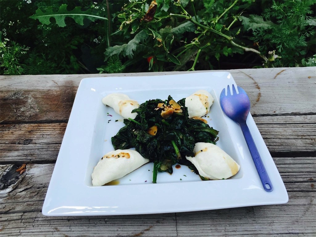VEGETABLE STUFFED DUMPLINGS & A MIXED ARULALA SALAD WITH SOY REDUCTION DRESSING